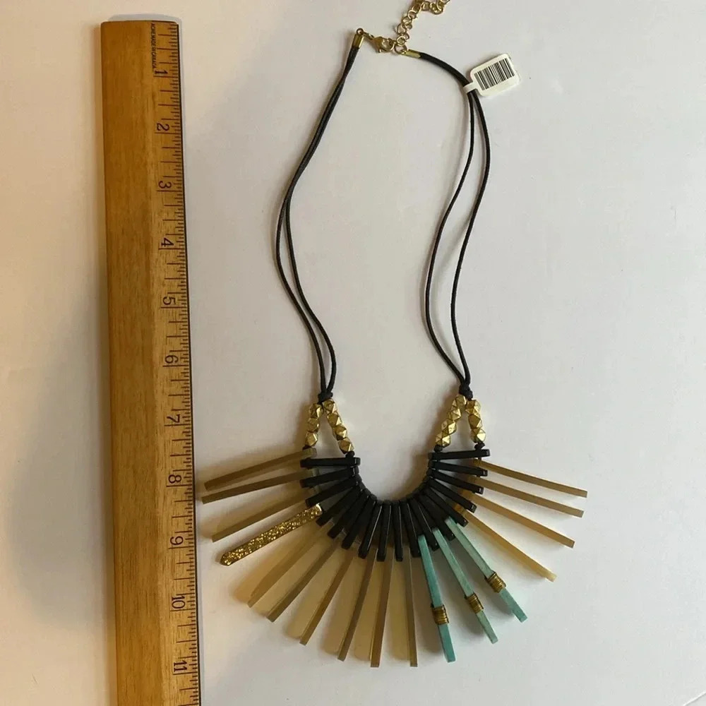 NEW Fair Trade Beaded Fan Statement  Large Necklace Rope Gold Black Turquoise - Picture 9 of 12